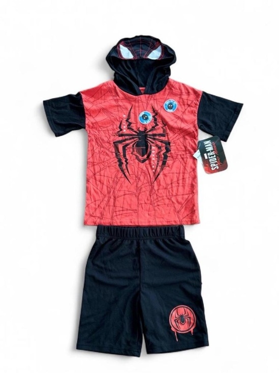 Marvel Other - Marvel Spider-Man Miles Morales Boys Hooded Shirt Shorts Set Size 7 Red Black